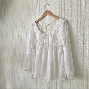 Lucky Brand White Gauze Long Sleeve Crisscross Back Top Blouse Size Large